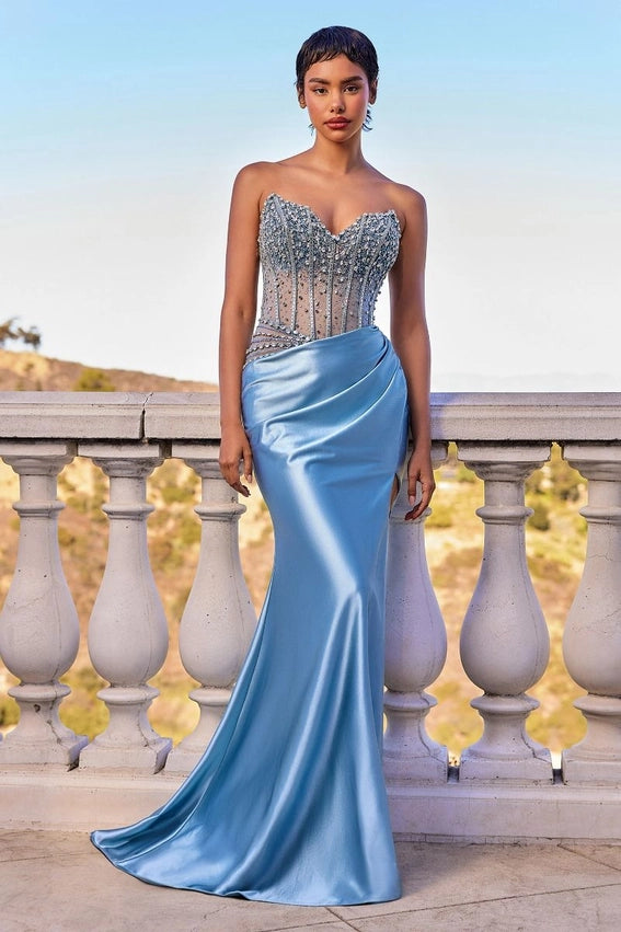 Strapless Beaded Bodice & Satin Skirt Fitted Dress-Dress-Tux-USA®-12-Blue-Urbanheer