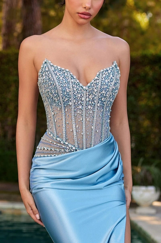 Strapless Beaded Bodice & Satin Skirt Fitted Dress-Dress-Tux-USA®-12-Blue-Urbanheer