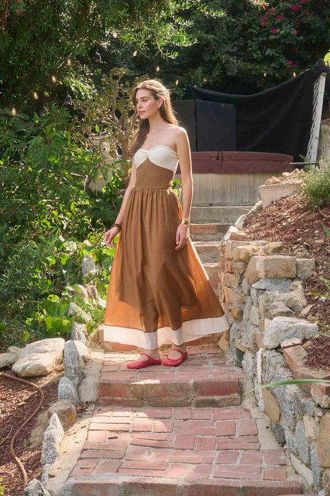 Strapless Front Twist Mix Media Midi Dress