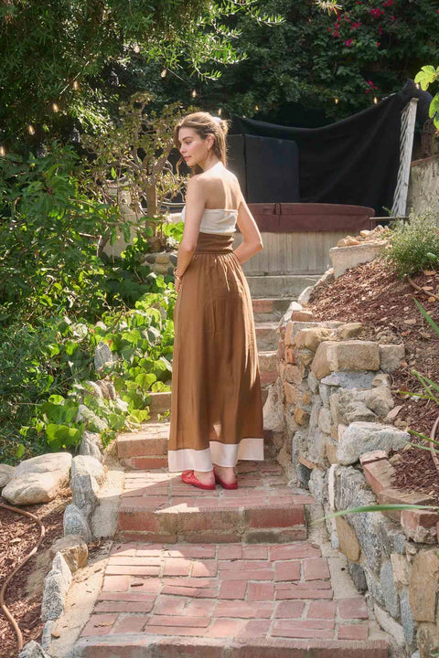 Strapless Front Twist Mix Media Midi Dress