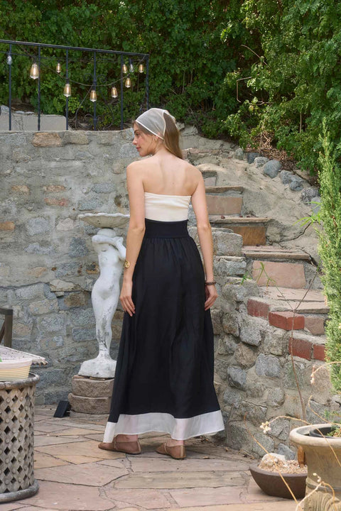 Strapless Front Twist Mix Media Midi Dress