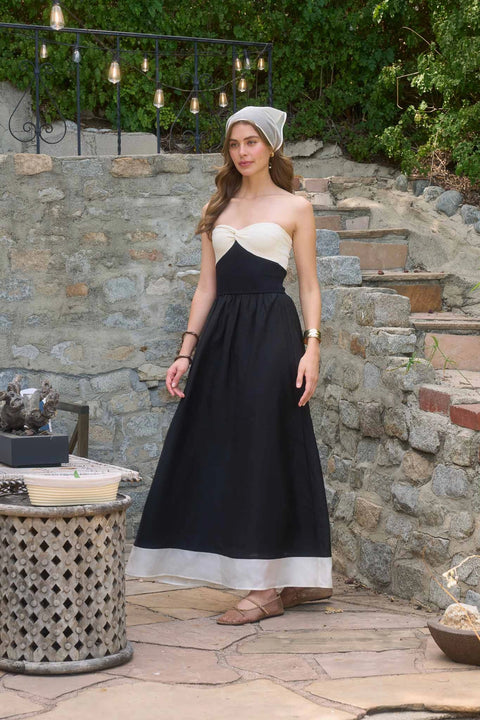 Strapless Front Twist Mix Media Midi Dress