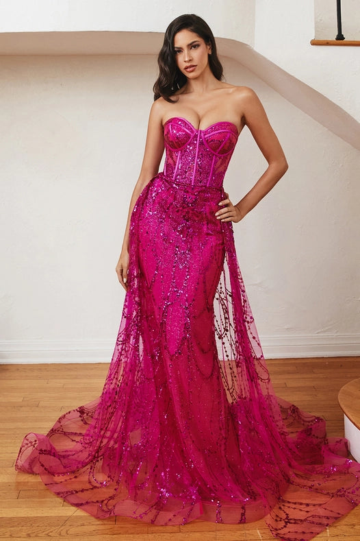 Strapless Lace Fitted Gown with Over Skirt