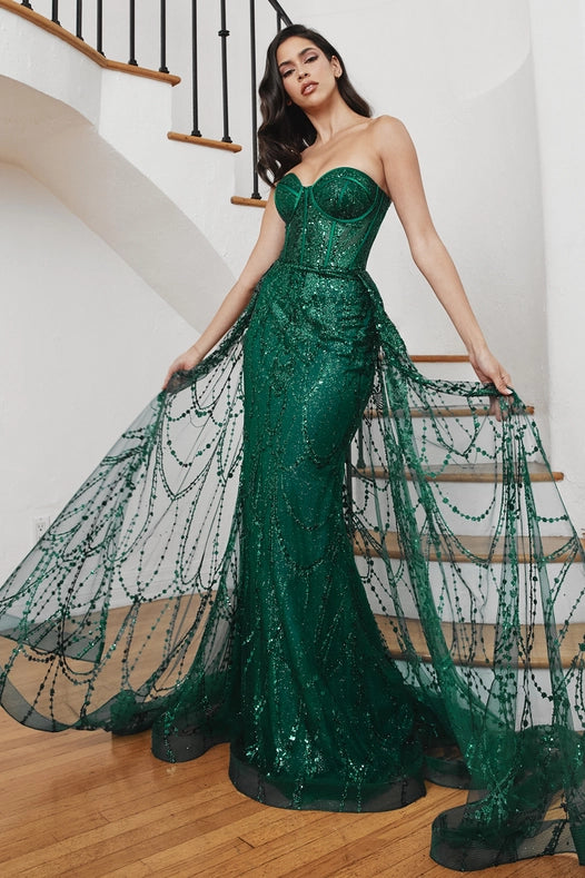 Strapless Lace Fitted Gown With Over Skirt-Dress-Ladivine by Cinderella Divine-2-EMERALD-Urbanheer