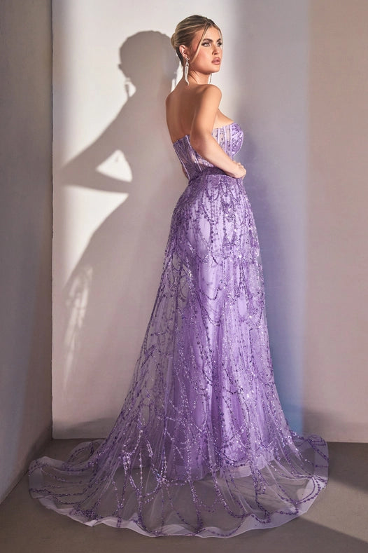 Strapless Lace Fitted Gown with Over Skirt LAVENDER