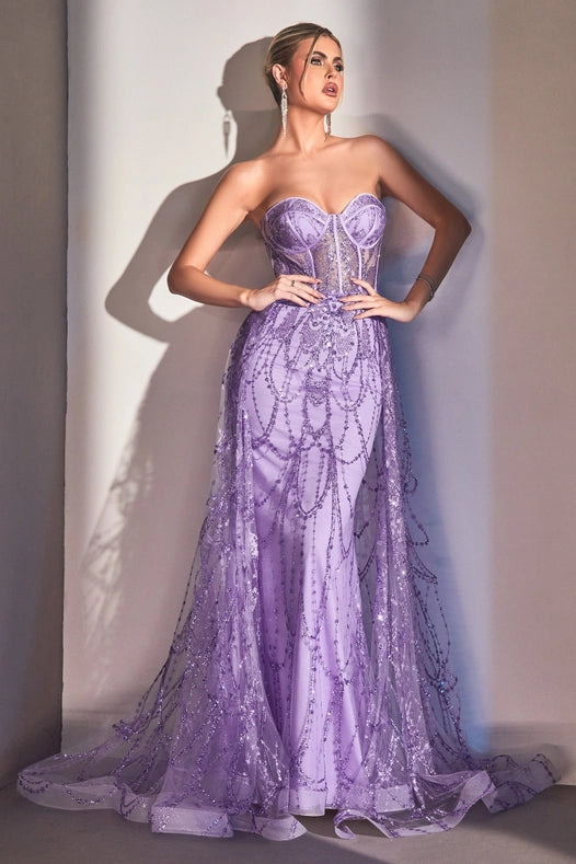 Strapless Lace Fitted Gown With Over Skirt Lavender-Dress-Ladivine by Cinderella Divine-4-LAVENDER-Urbanheer