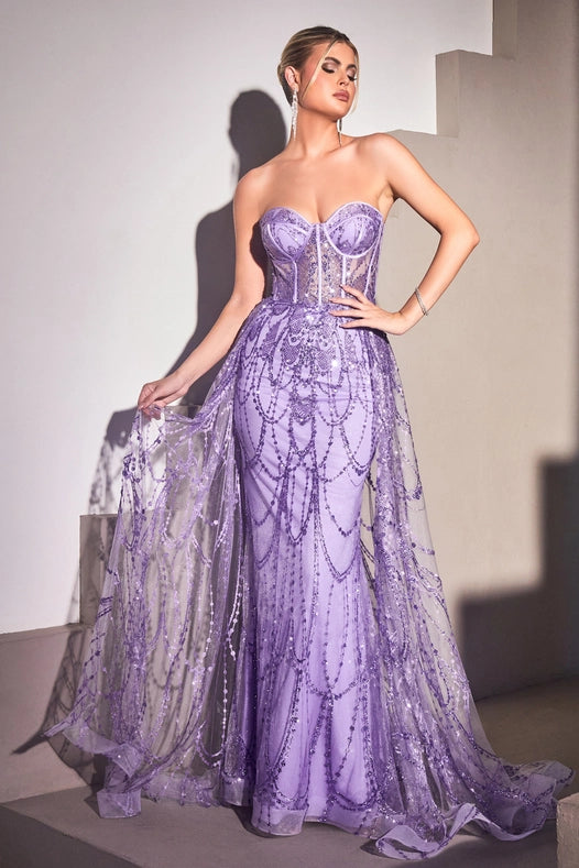 Strapless Lace Fitted Gown with Over Skirt LAVENDER