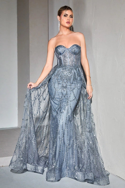 Strapless Lace Fitted Gown with Over Skirt SMOKY BLUE