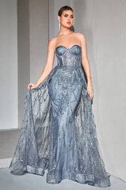 Strapless Lace Fitted Gown With Over Skirt Smoky Blue-Dress-Ladivine by Cinderella Divine-2-SMOKY BLUE-Urbanheer