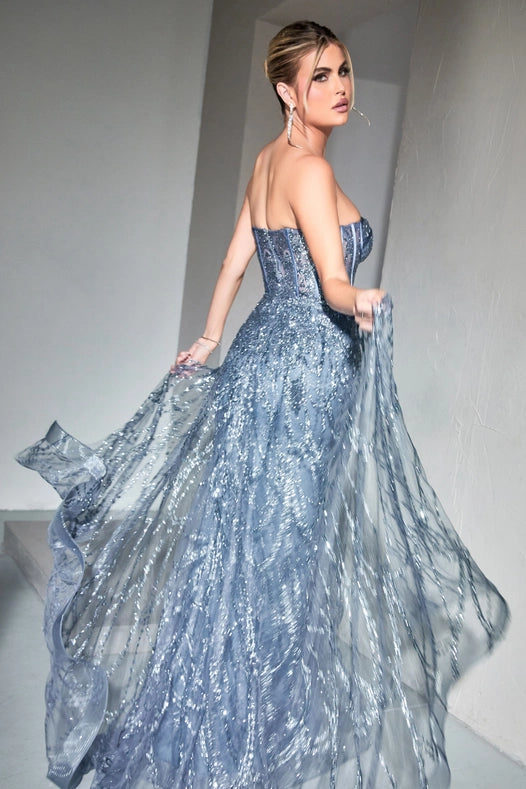 Strapless Lace Fitted Gown with Over Skirt SMOKY BLUE