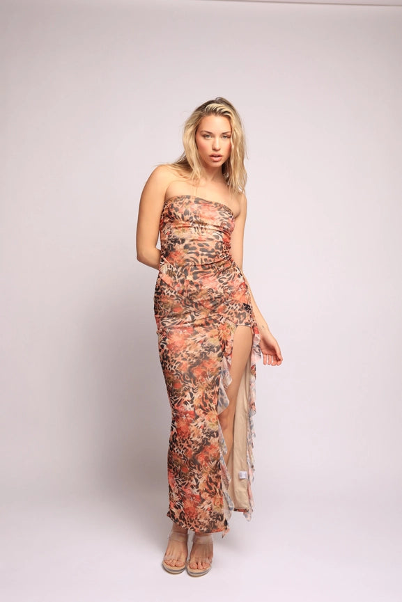 Strapless One Leg Open with Ruffle Detailed Maxi Dress-Dress-Viviara-XS-MULTI-Urbanheer