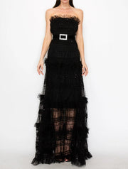 Strapless Polka Dots Tiered Tulle Maxi Dress-Dress-INA-S-BLACK-Urbanheer