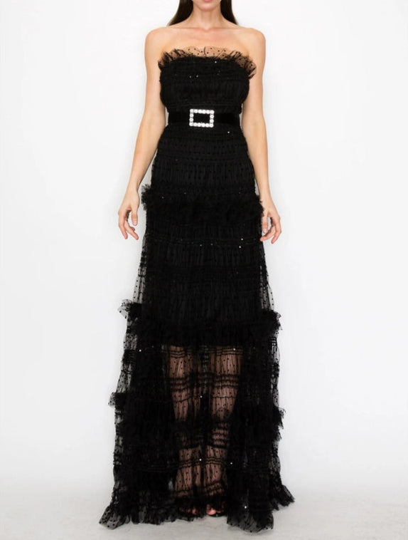 Strapless Polka Dots Tiered Tulle Maxi Dress-Dress-INA-S-BLACK-Urbanheer