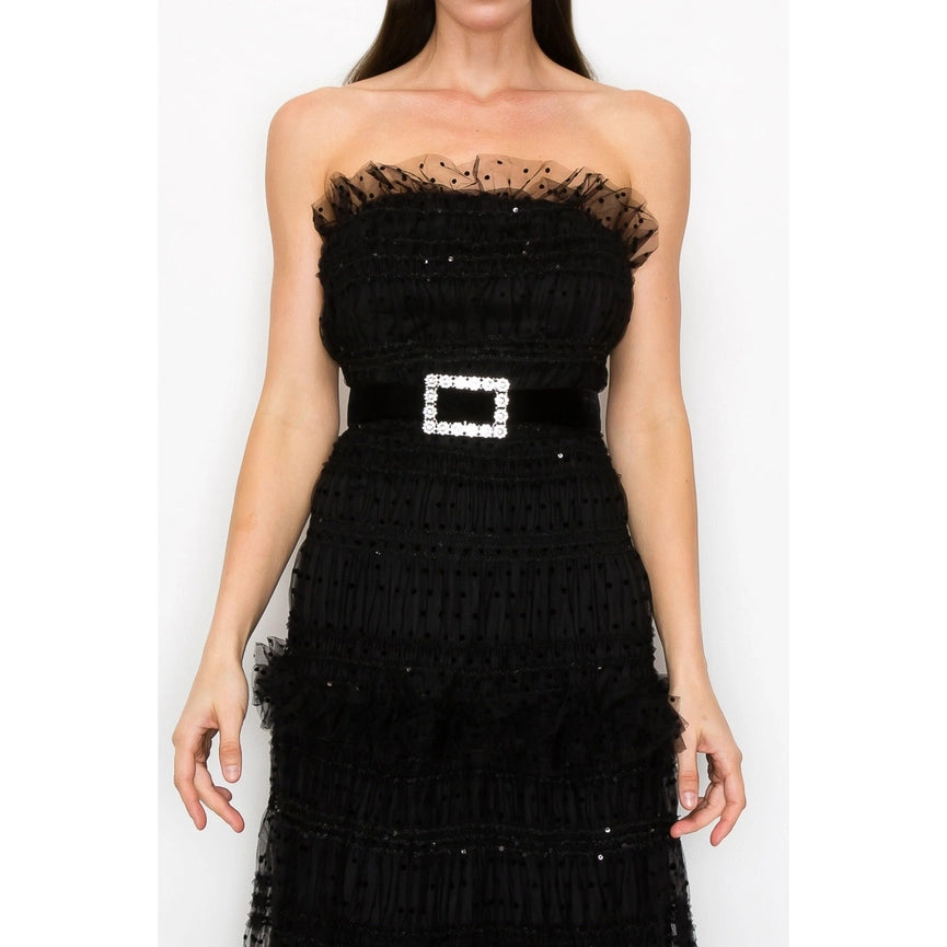 Strapless Polka Dots Tiered Tulle Maxi Dress-Dress-INA-S-BLACK-Urbanheer