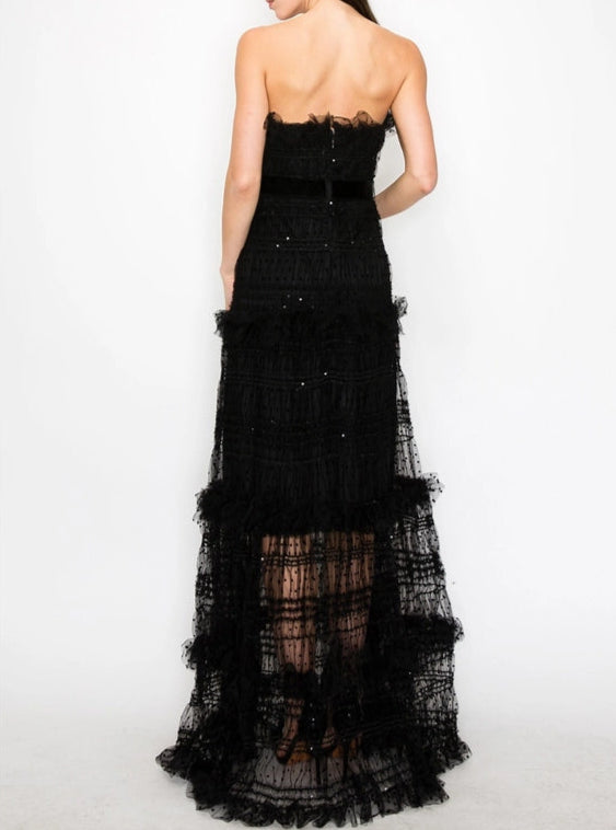 Strapless Polka Dots Tiered Tulle Maxi Dress-Dress-INA-S-BLACK-Urbanheer