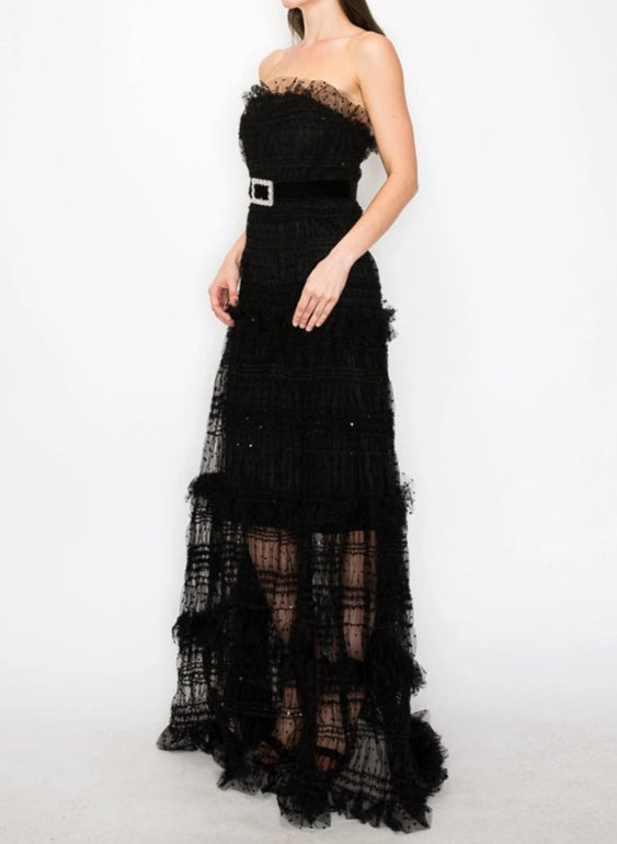 Strapless Polka Dots Tiered Tulle Maxi Dress-Dress-INA-S-BLACK-Urbanheer