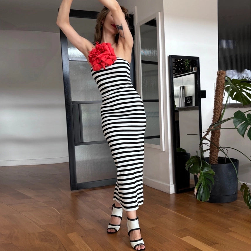 Strapless Ribbed Striped Tube Dress with Red Flower Pin-Dress-London Atelier Byproduct-S-Urbanheer