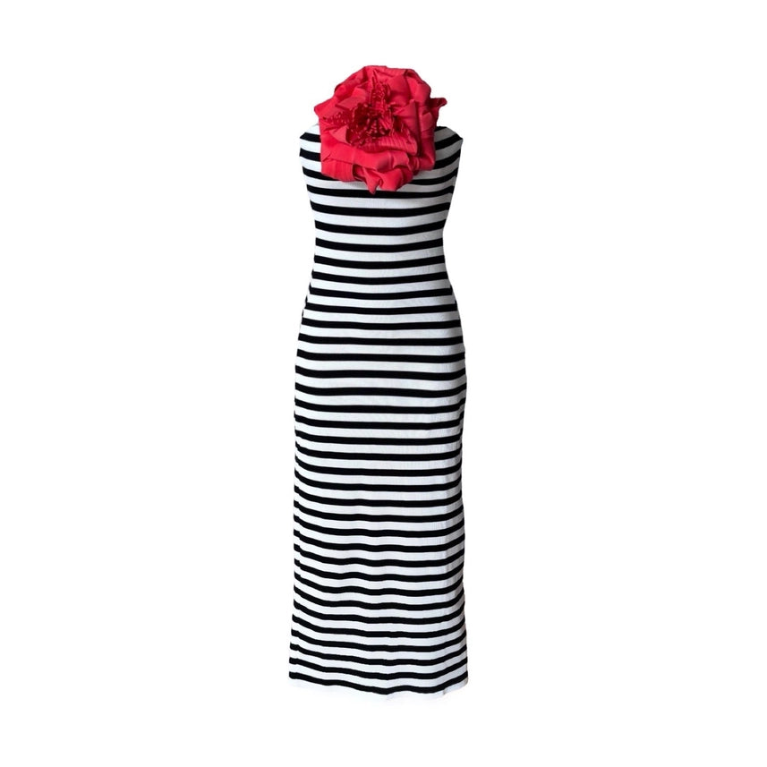 Strapless Ribbed Striped Tube Dress with Red Flower Pin-Dress-London Atelier Byproduct-S-Urbanheer