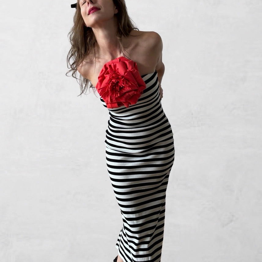 Strapless Ribbed Striped Tube Dress with Red Flower Pin-Dress-London Atelier Byproduct-S-Urbanheer