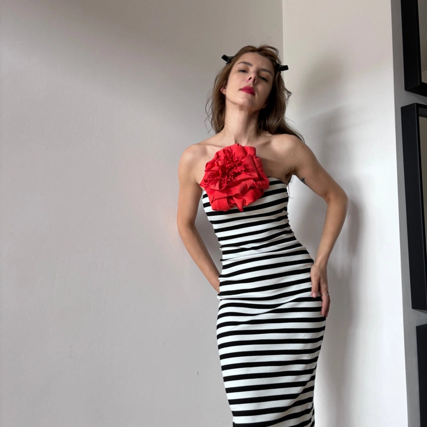 Strapless Ribbed Striped Tube Dress with Red Flower Pin-Dress-London Atelier Byproduct-S-Urbanheer