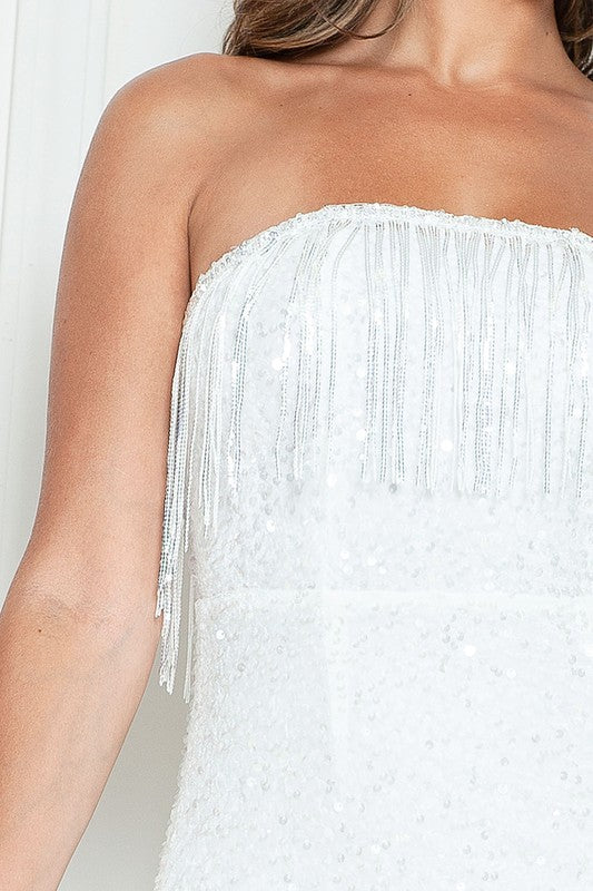Strapless Sequin Fringe Detail Mini Dress White-Dress-Maniju-S-White-Urbanheer