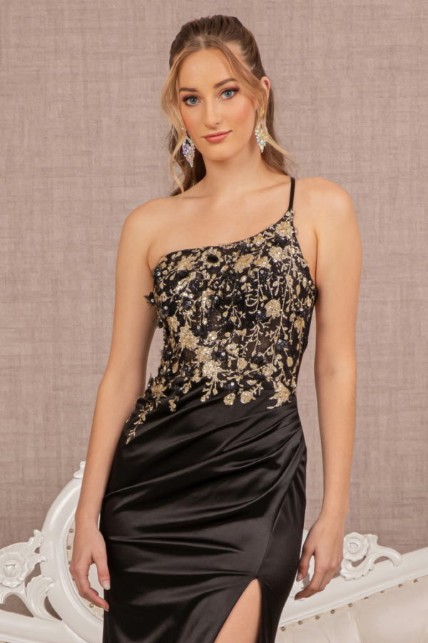 Strapless Sheer Bodice Glitter Satin Mermaid Dress w/ Ruched Back-Nightgown-Tux-USA-L-Black-Urbanheer