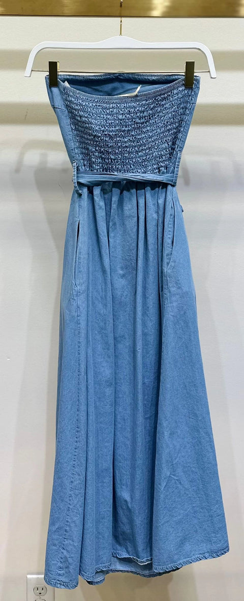 Strapless Smock Back Dress with Tie Belt - Denim Blue
