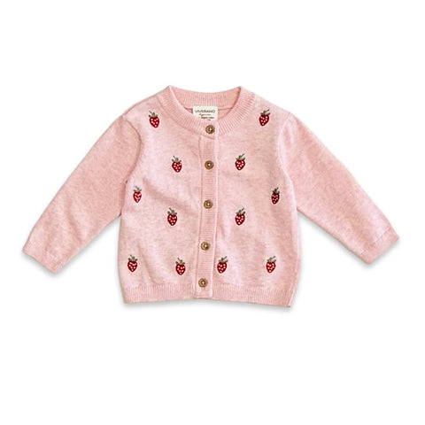Strawberry Embroidered Knit Baby Cardigan (Organic Cotton)-Cardigan-Viverano Organics-0-3M-Pink Heather-Urbanheer
