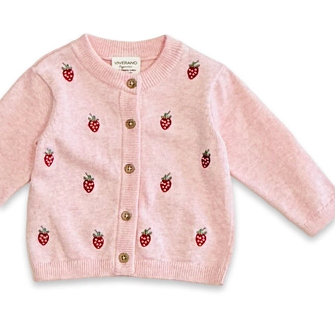 Strawberry Embroidered Knit Baby Cardigan (Organic Cotton)-Cardigan-Viverano Organics-0-3M-Pink Heather-Urbanheer