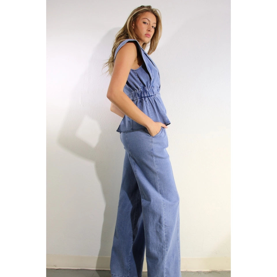 Stretch Collared Top and Pants Set DENIM-Set-Mulla-S-DENIM-Urbanheer