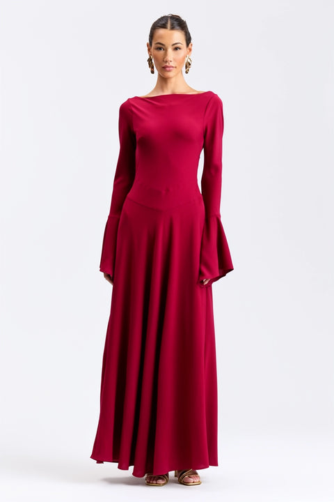 Stretch Crepe Lace-Up Back Flounce-Sleeve Maxi Dress