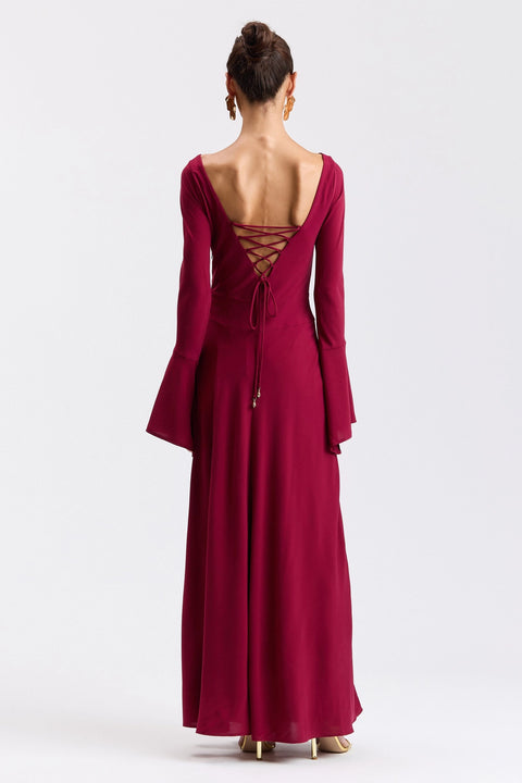 Stretch Crepe Lace-Up Back Flounce-Sleeve Maxi Dress
