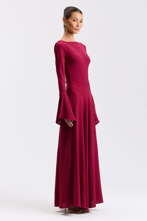 Stretch Crepe Lace-Up Back Flounce-Sleeve Maxi Dress