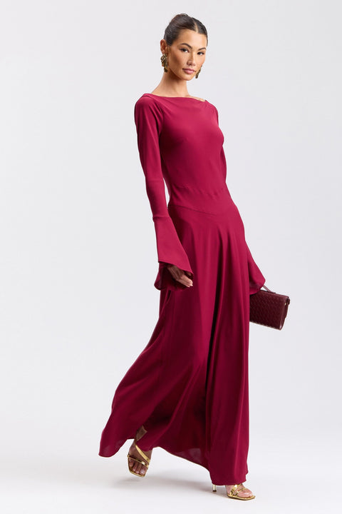 Stretch Crepe Lace-Up Back Flounce-Sleeve Maxi Dress