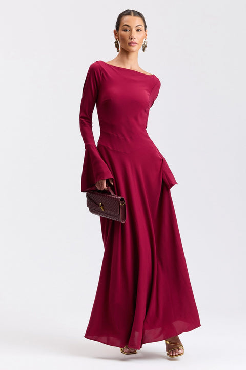 Stretch Crepe Lace-Up Back Flounce-Sleeve Maxi Dress