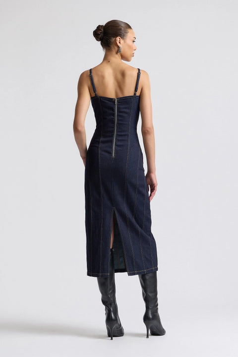 Stretch Denim Buckle Detail Midi Dress