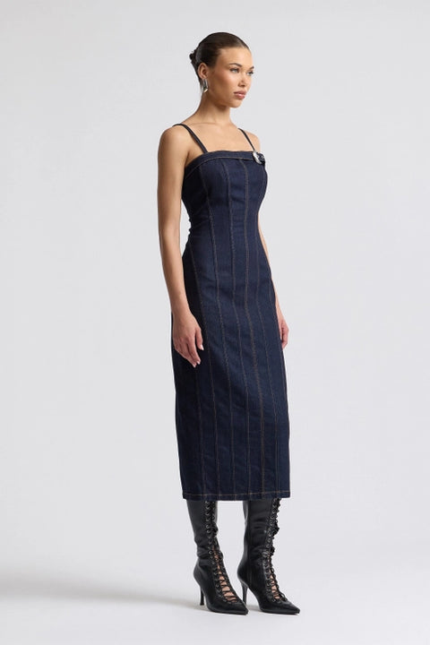 Stretch Denim Buckle Detail Midi Dress