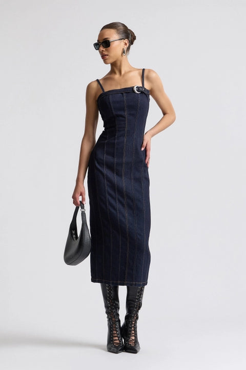 Stretch Denim Buckle Detail Midi Dress