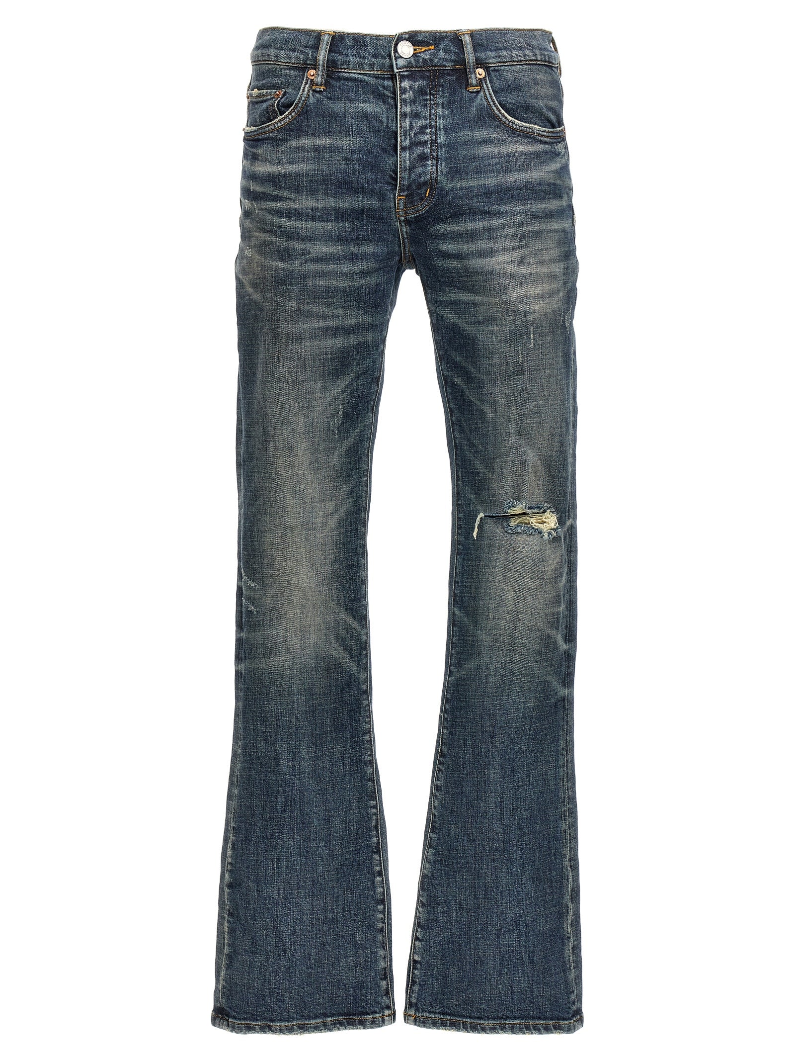 Stretch Denim Jeans with Dirty Fade and Flare Leg
