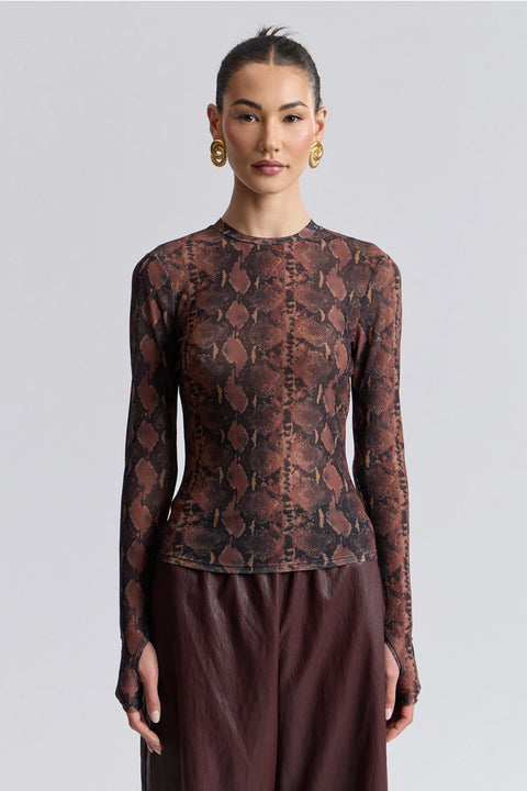 Stretch Printed Mesh Long Sleeve Thumbhole Top