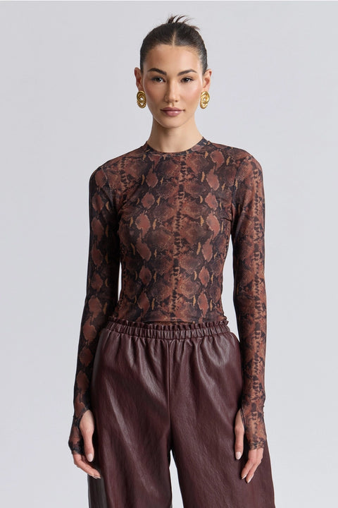 Stretch Printed Mesh Long Sleeve Thumbhole Top