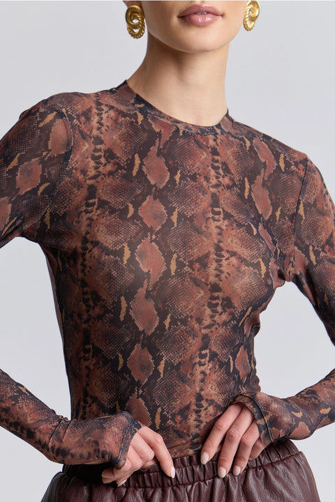 Stretch Printed Mesh Long Sleeve Thumbhole Top
