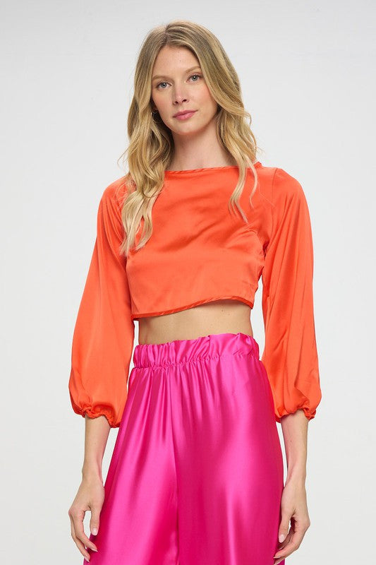 Stretch Satin Crop Top with Open Back-New Arrival-Reneecollection-Small-ORANGE-Urbanheer