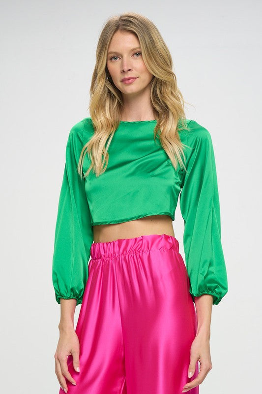 Stretch Satin Crop Top with Open Back-New Arrival-Reneecollection-Small-GREEN-Urbanheer