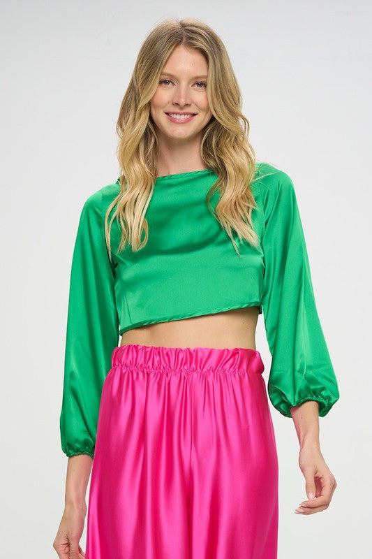 Stretch Satin Crop Top with Open Back-New Arrival-Reneecollection-Small-GREEN-Urbanheer