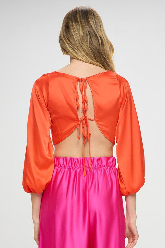 Stretch Satin Crop Top with Open Back-New Arrival-Reneecollection-Small-ORANGE-Urbanheer