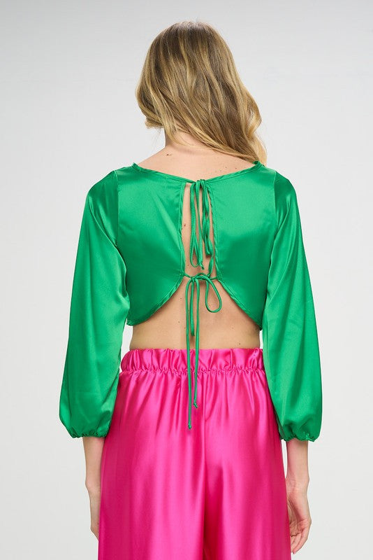 Stretch Satin Crop Top with Open Back-New Arrival-Reneecollection-Small-GREEN-Urbanheer