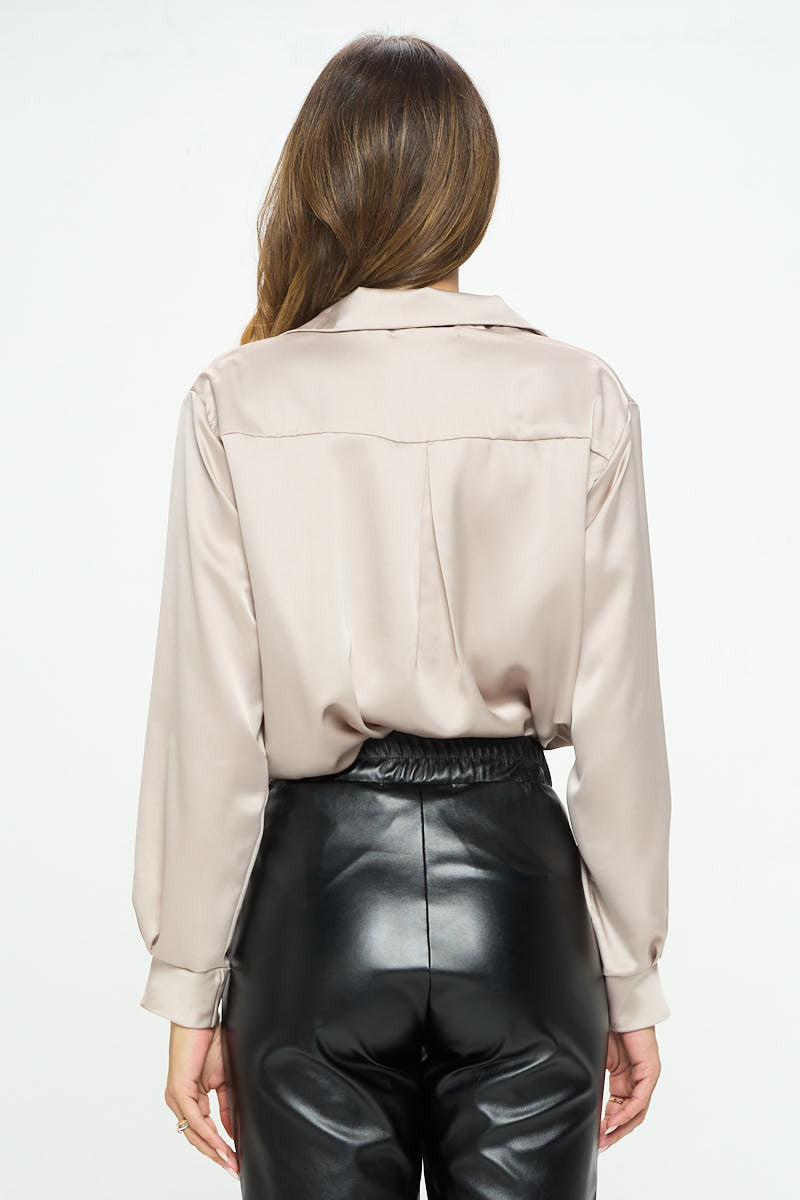 Stretch Satin Long Sleeve V neck Top with Collar-Tops-Reneecollection-Urbanheer