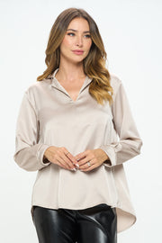 Stretch Satin Long Sleeve V neck Top with Collar-Tops-Reneecollection-Urbanheer