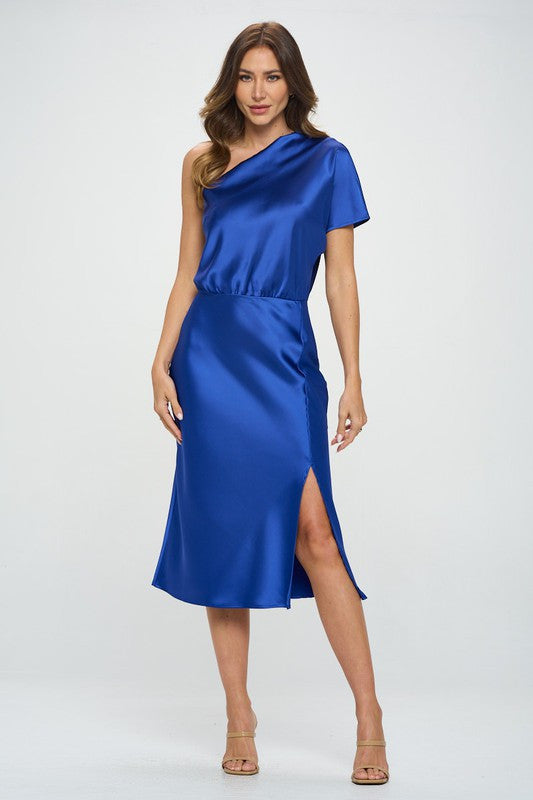 Stretch Satin One Shoulder Dress-Dresses-Reneecollection-Small-ROYAL BLUE-Urbanheer